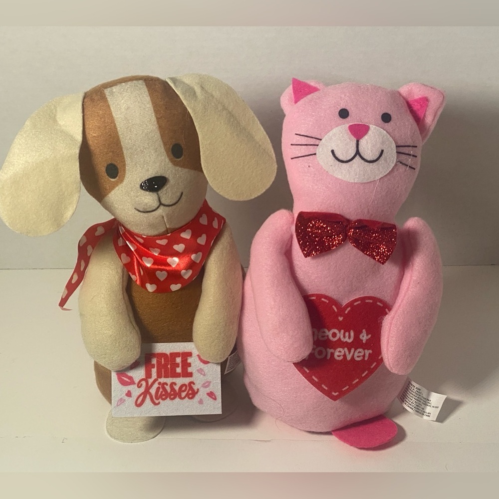 Pink Cat and Brown Dog Valentines Day Plush Toys Decorative Characters NEW